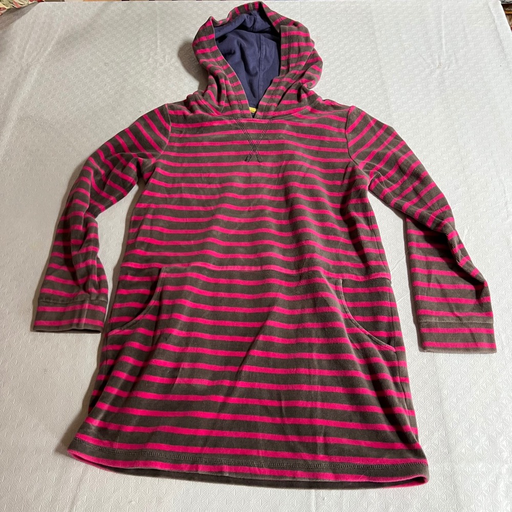 Mini Boden Girls Pink Gray Striped Velour Hoodie Dress Size 9-10Y Pullover